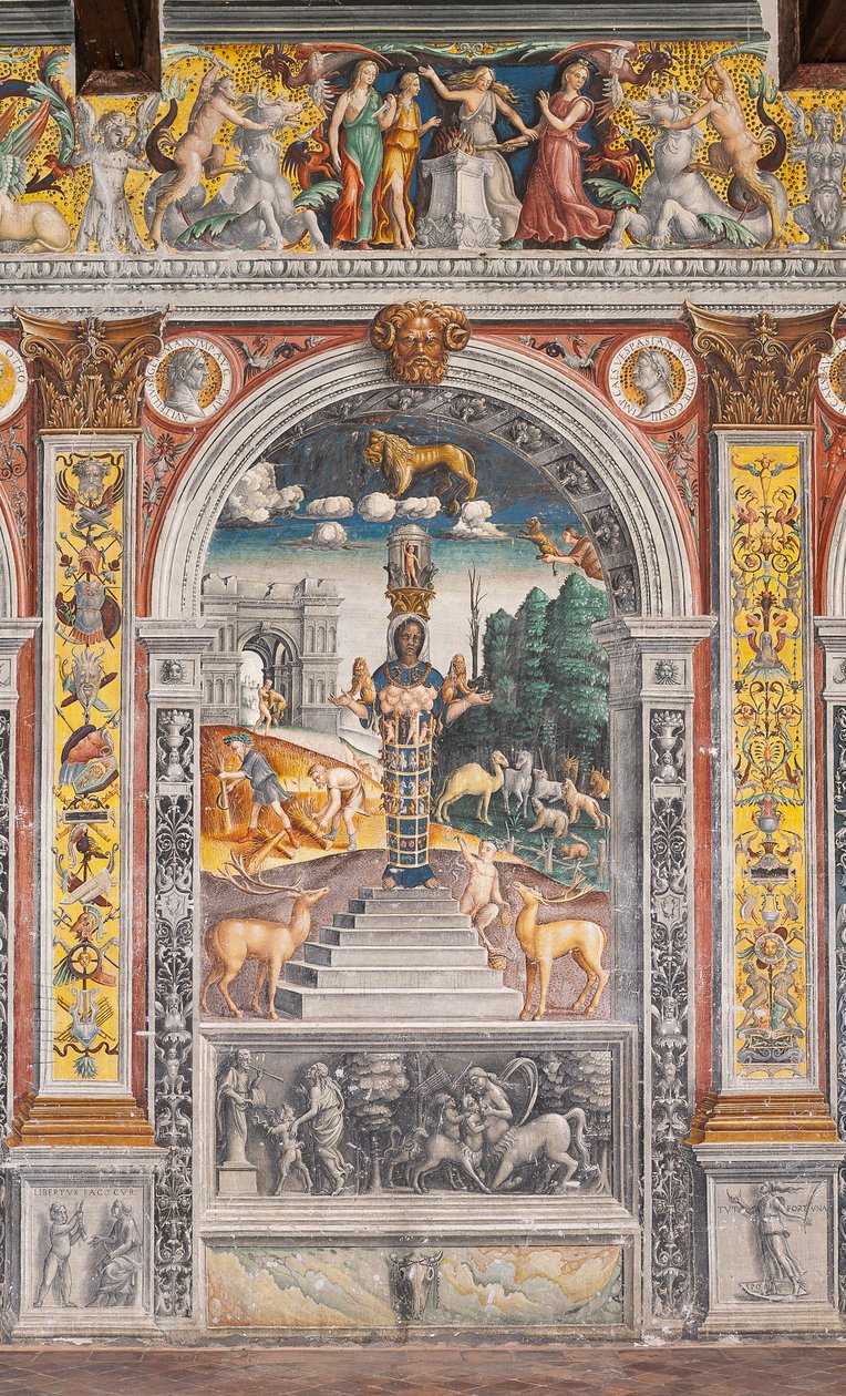 Znak zodiaku Lwa z Dianą, dwoma jeleniami i satyrem jak na sarkofagu w Pałacu Bleinhaim; w tle Arco degli Argentari w Rzymie i Herkules walczący z lwem nemejskiej, Komnata Zodiaku (Camera dello Zodiaco) autorstwa Giovanni Maria Falconetto