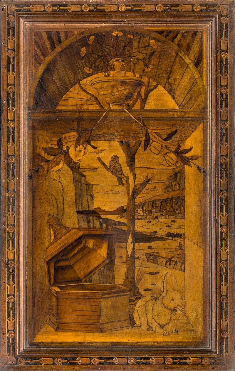 Chór kanoniczny Lignei, inkrustowany przez Giovanniego Marię Platinę 1484, Superior Stall autorstwa Giovanni Maria Platina