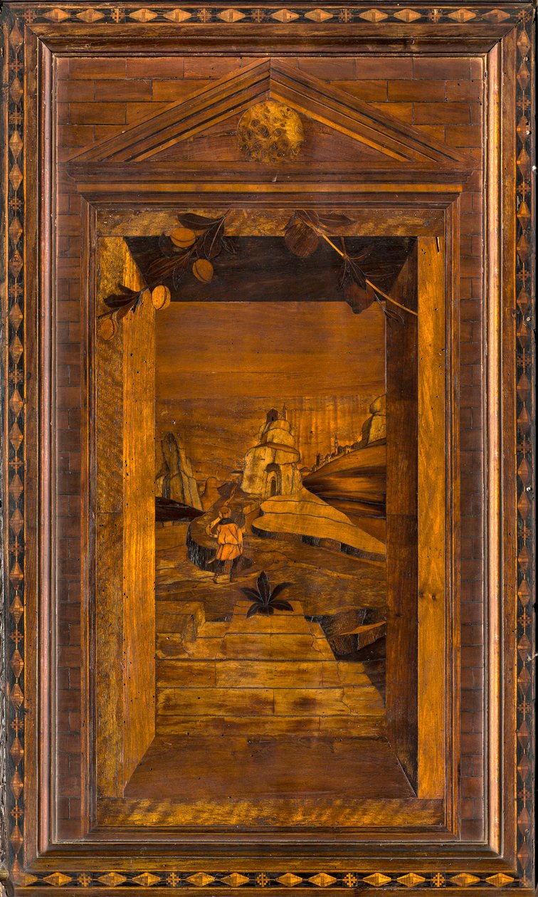Chór kanoniczny Lignei, inkrustowany przez Giovanniego Marię Platinę 1484, Superior Stall autorstwa Giovanni Maria Platina