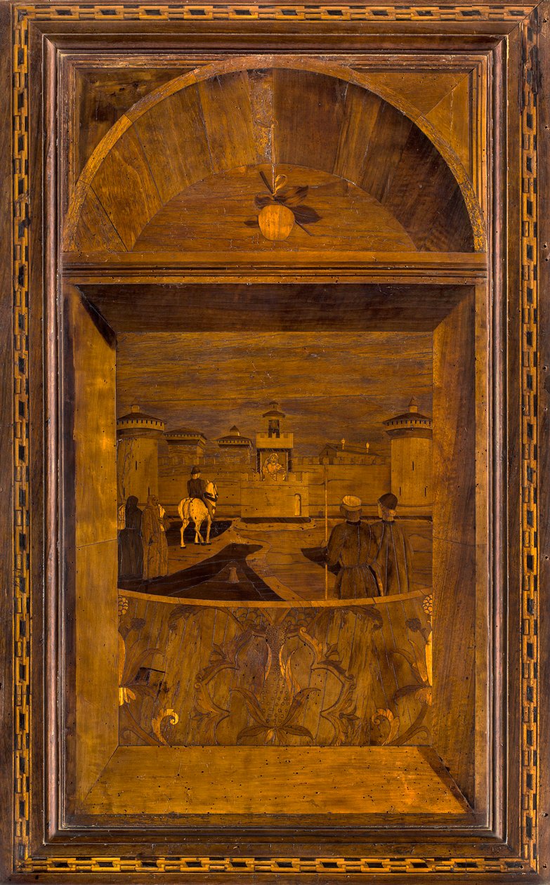 Chór kanoniczny lignejski, inkrustowany przez Giovanniego Marię Platinę 1484, Superior Stallo, Widok na zamek Sforzesco w Mediolanie autorstwa Giovanni Maria Platina