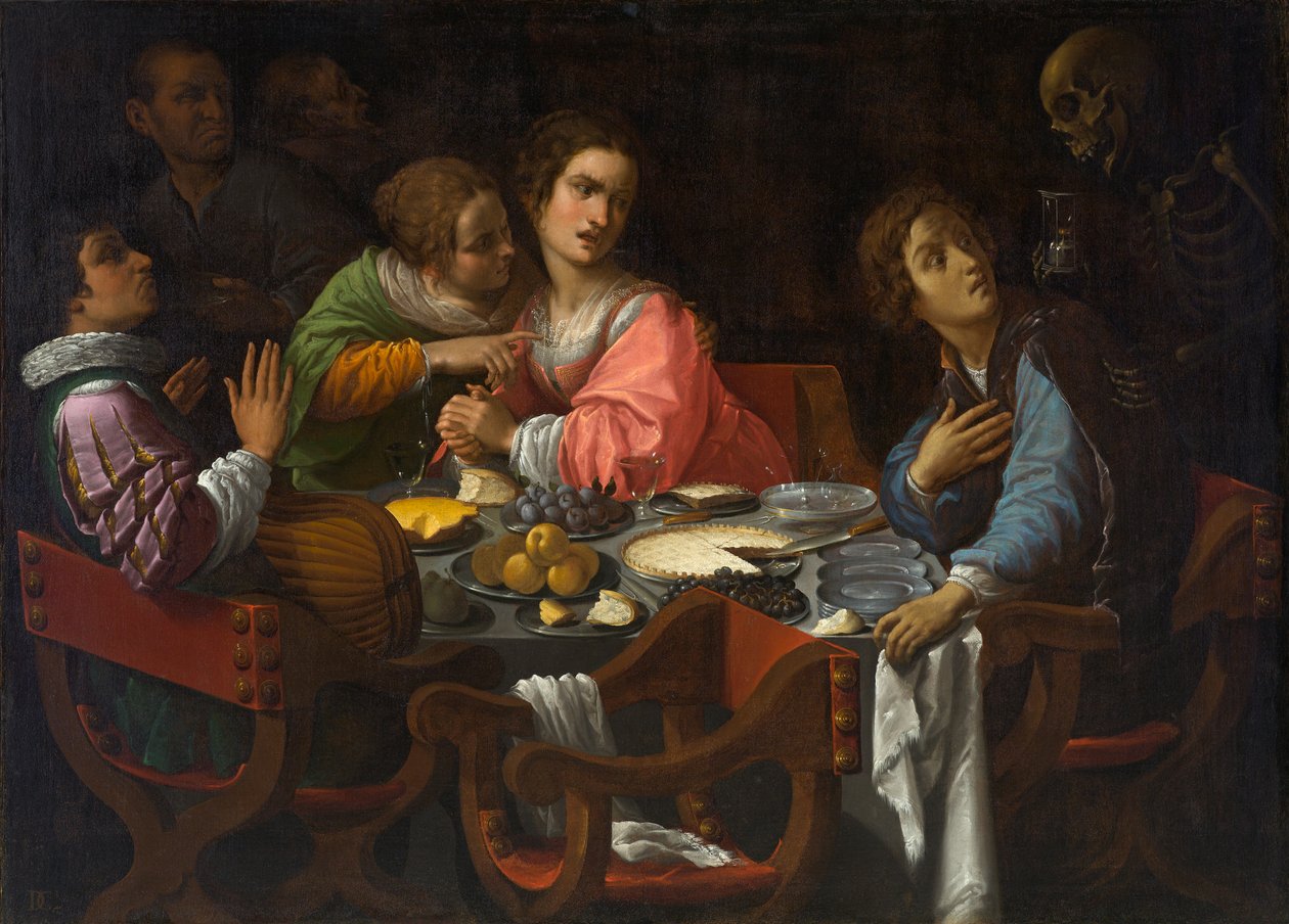 Memento Mori: Śmierć przychodzi do stołu, ok. 1630-1638 (olej na płótnie) autorstwa Giovanni Martinelli
