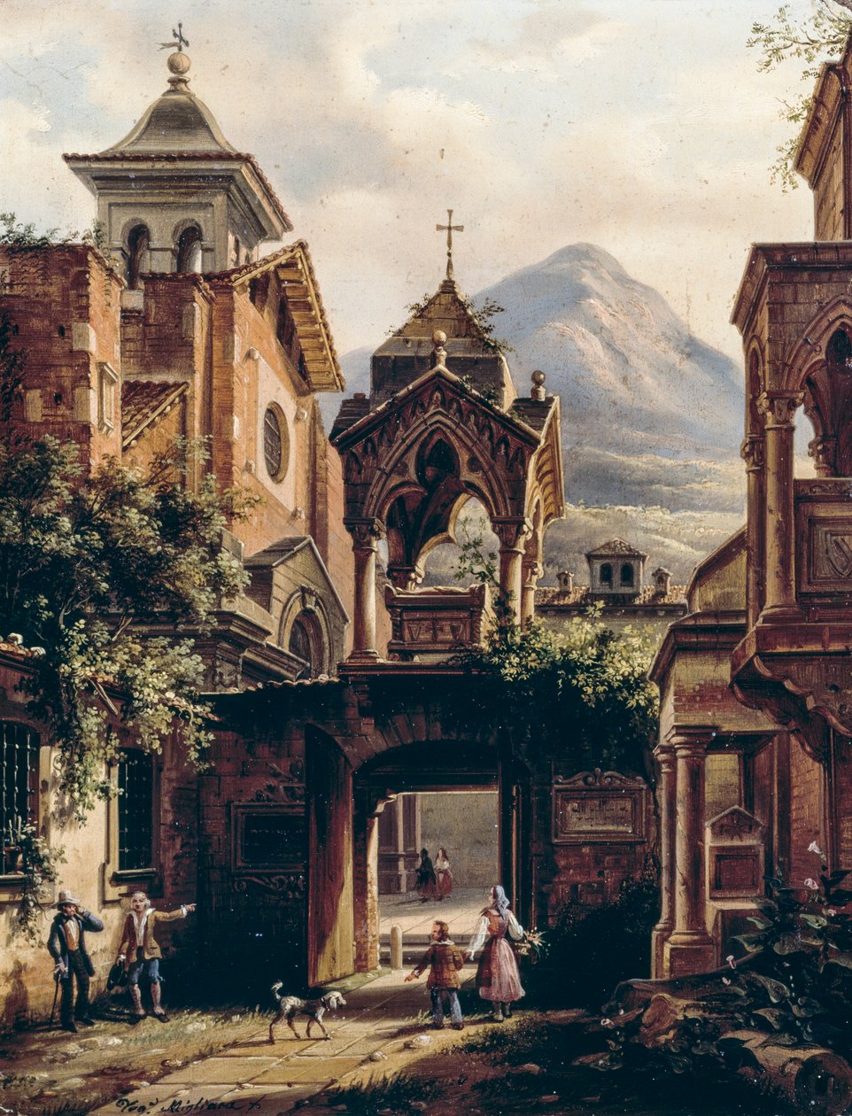 Elewacja antycznego opactwa z osobami, Giovanni Migliara (1785-1837) (sygn. Teodolinda Migliara), olej na pokładzie autorstwa Giovanni Migliara