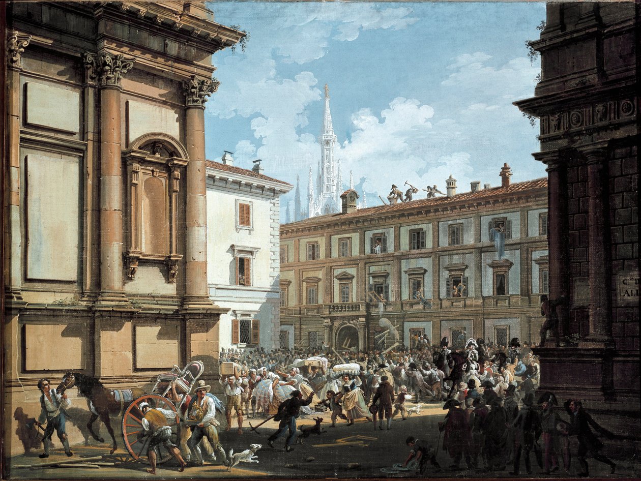 Obywatele Mediolanu plądrują dom Giuseppe Priny w czasie upadku Napoleona I w 1814 r. (olej na płótnie autorstwa Giovanni Migliara
