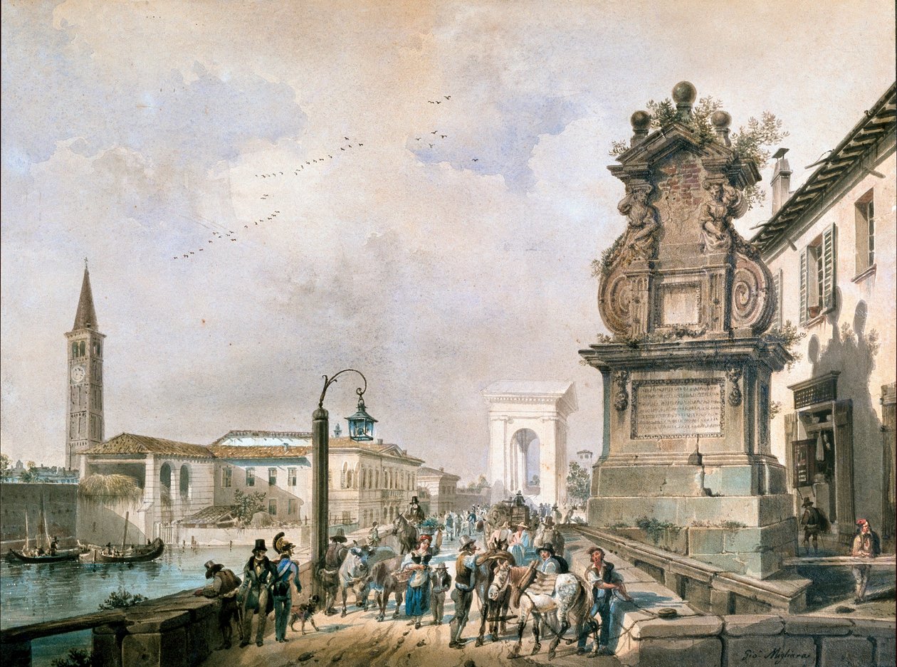 Widok na most Trofeo nad naviglio Pavese, Mediolan (akwarela autorstwa Giovanni Migliara