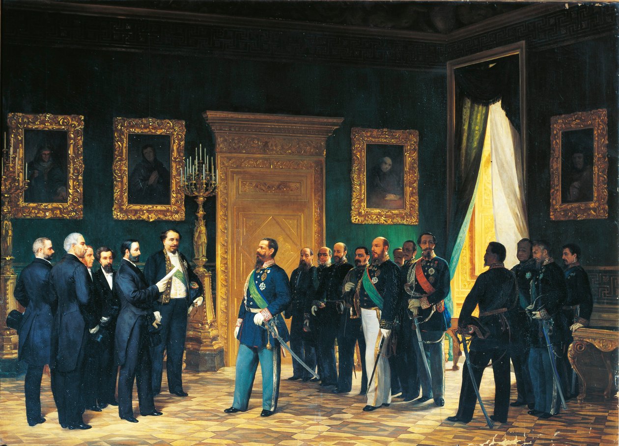 Druga wojna o niepodległość - Wiktor Emanuel Sabaudii przyjmuje posłów toskańskich z dekretem o przyłączeniu Toskanii do Królestwa Włoch autorstwa Giovanni Mochi
