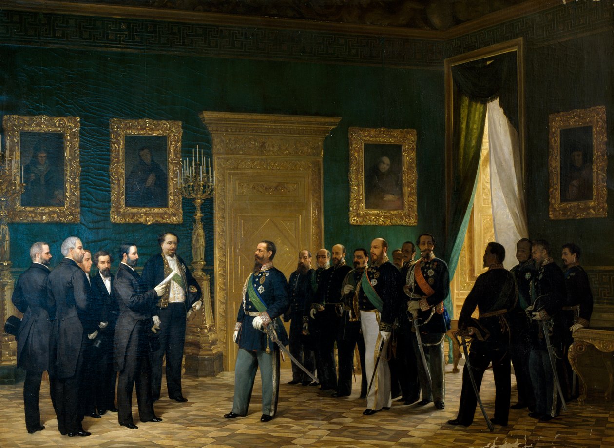 Wiktor Emanuel II przyjął przedstawicieli Toskanii wraz z dekretem o przyłączeniu do Królestwa. Włochy autorstwa Giovanni Mochi
