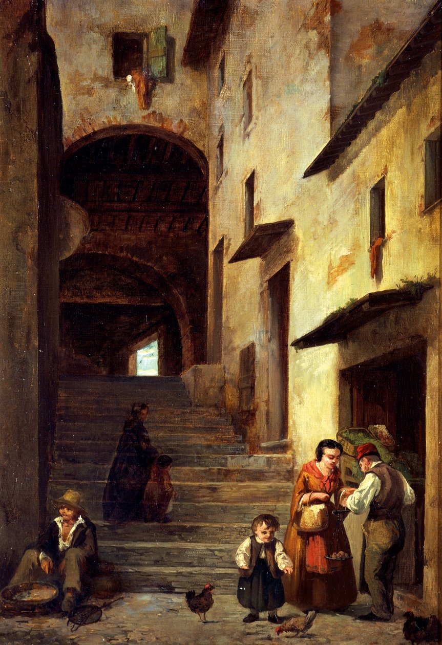 Widok ulicy w Sestri Levante, Riwiera Genui, ok. 1863, autorstwa Giovanniego Mochi (1829-1893), olej na płótnie, 40x30 cm. autorstwa Giovanni Mochi