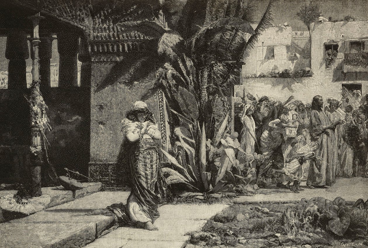 Magdalena, kobieta w turbanie i procesja w wiosce na Bliskim Wschodzie, rycina braci Cantagalli z obrazu Giovanniego Muzzioli (1854-1894), Modena, Włochy, z L