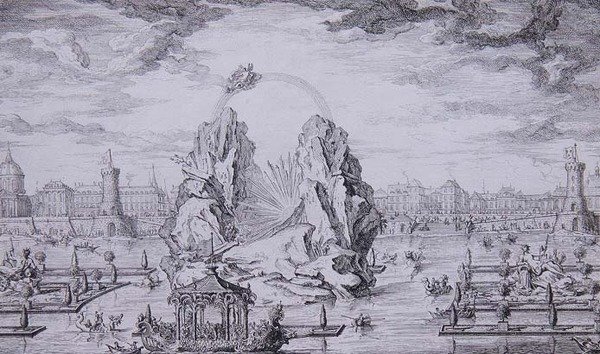 Fajerwerki z okazji narodzin delfina (syna Ludwika XV) grawerowane przez Jeana Dumonta (Le Romain) (1701-81) 1730 (akwaforta) autorstwa Giovanni Niccolo (after) Servandoni