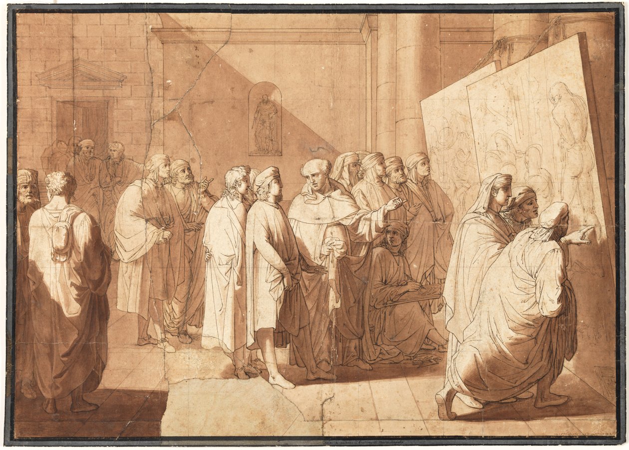 Z Bartolommeo Rafael pokazuje kartony Leonarda i Michała Anioła autorstwa Giovanni Paolo Lasinio