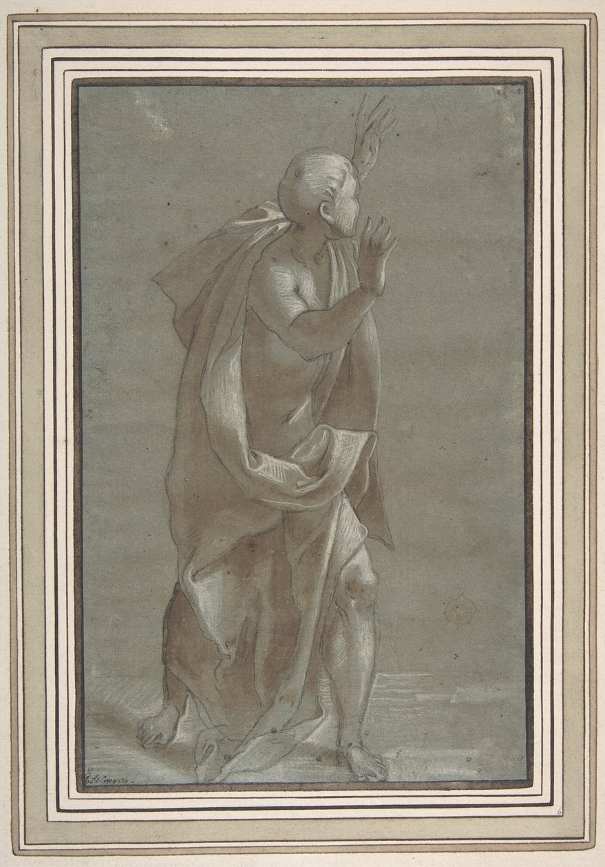 Stojąca, udrapowana postać mężczyzny z uniesionymi rękami, 1565-71. autorstwa Giovanni Paolo Lomazzo