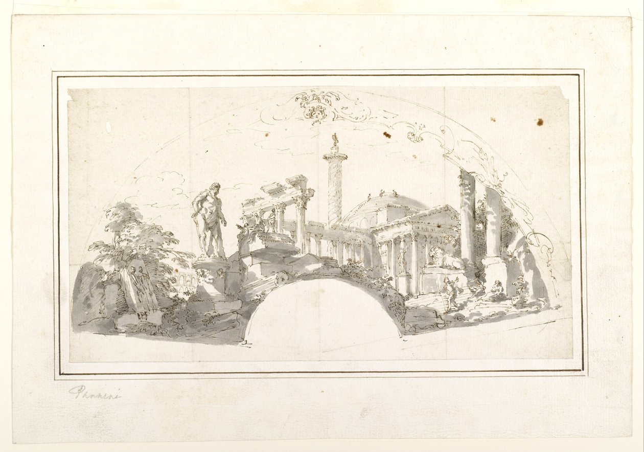 Projekt dla fana: Capriccio z rzymskimi ruinami i Herkulesem z Farnese autorstwa Giovanni Paolo Panini