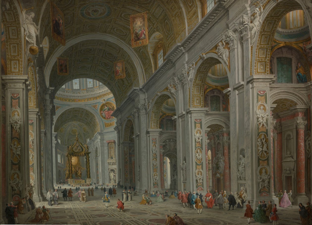 Wnętrze Bazyliki Świętego Piotra w Rzymie, po 1754 r. autorstwa Giovanni Paolo Panini