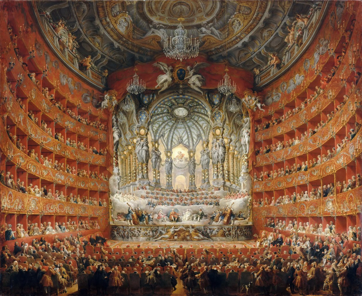 Muzyczna uczta wydana przez kardynała de La Rochefoucauld w Teatro Argentina w Rzymie w 1747 r. autorstwa Giovanni Paolo Pannini
