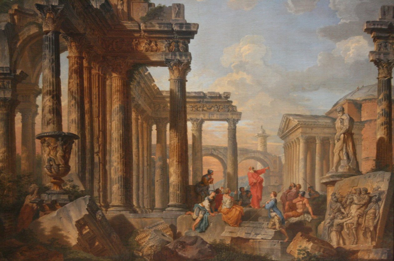 Rzymskie ruiny z kaznodzieją autorstwa Giovanni Paolo Panini
