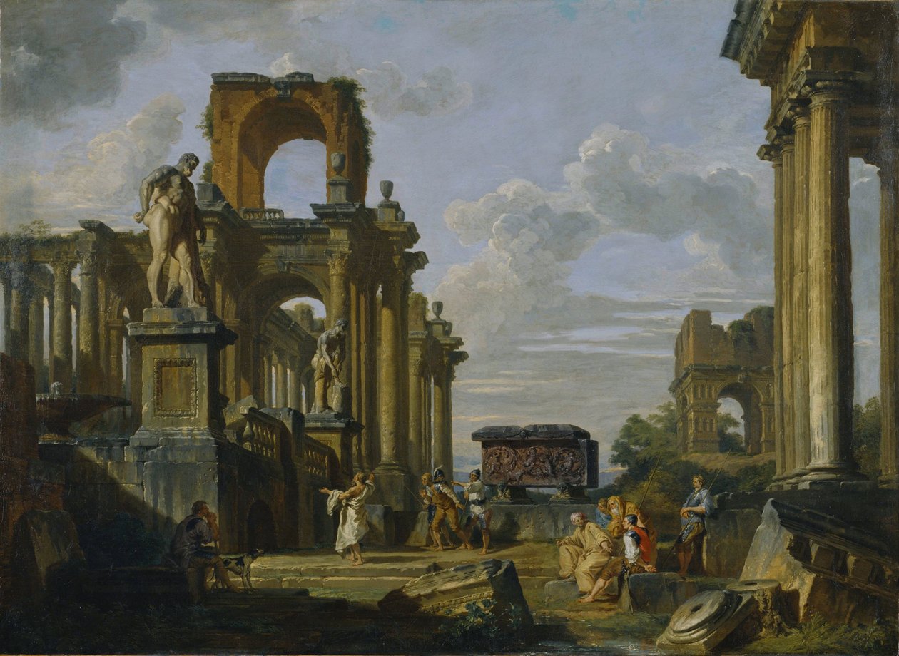 Architektoniczne Capriccio Forum Romanum z filozofami i żołnierzami wśród starożytnych ruin autorstwa Giovanni Paolo Pannini