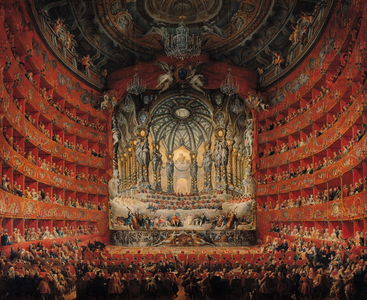 Koncert kardynała de La Rochefoucauld w Teatrze Argentyńskim w Rzymie na ślub Ludwika Delfina (1729-65) syna Ludwika XV z Marie-Josephe z Saksonii (1731-67), 1747 (olej na płótnie autorstwa Giovanni Paolo Pannini