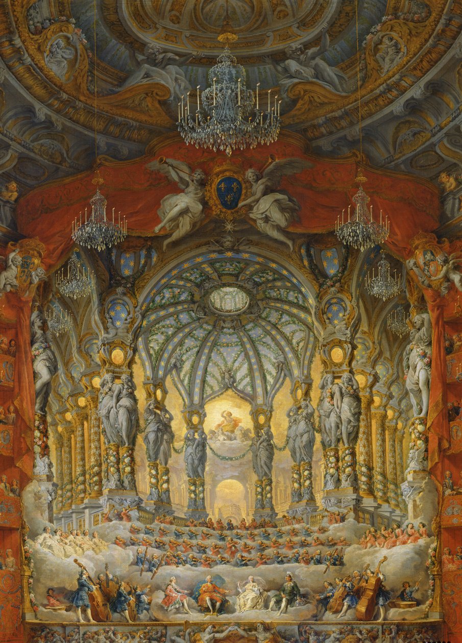 Koncert kardynała de La Rochefoucauld w Teatrze Argentyńskim w Rzymie z okazji ślubu Ludwika Delfina (1729-65), syna Ludwika XV, z Marią-Józefą Saską (1731-67), 1747 (olej na płótnie) autorstwa Giovanni Paolo Pannini