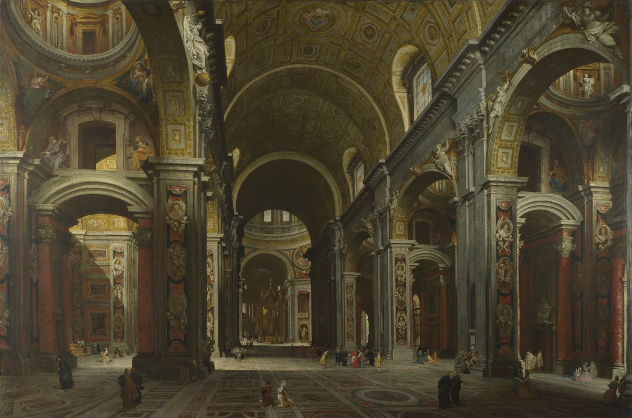 Wnętrze bazyliki św. Piotra w Rzymie, przed 1742 r. autorstwa Giovanni Paolo Pannini