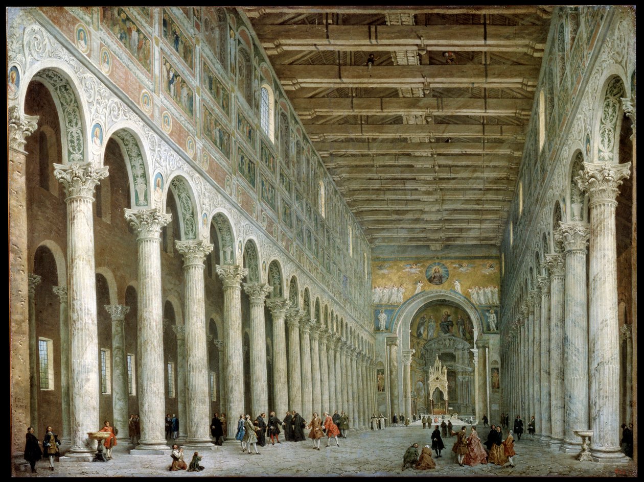 Wnętrze bazyliki św. Pawła za Murami w Rzymie, ok. 1750 autorstwa Giovanni Paolo Pannini
