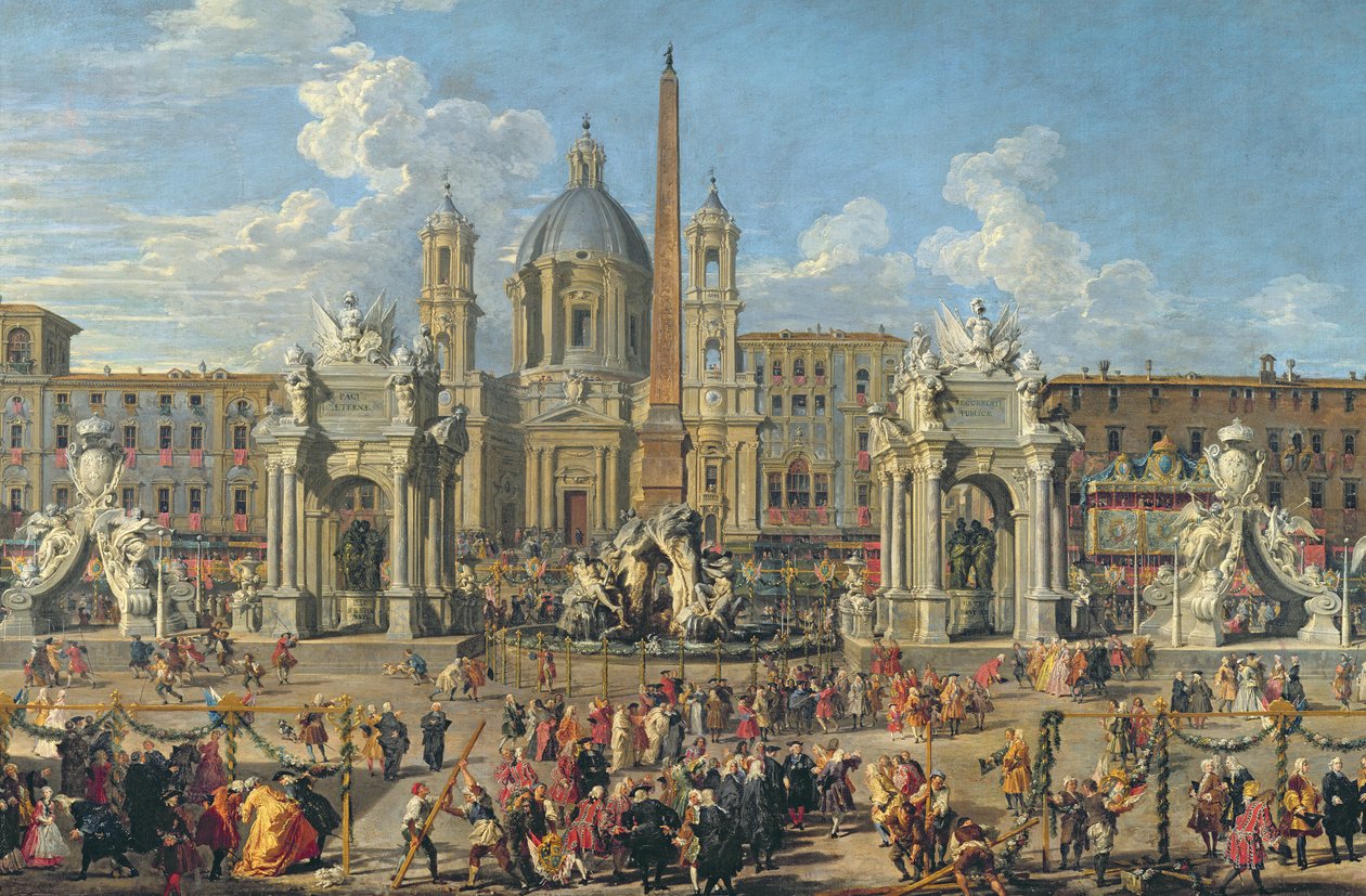 Przygotowanie do pokazu fajerwerków na Piazza Navona w Rzymie z okazji narodzin delfina, 1729 r. (detal z 91023) autorstwa Giovanni Paolo Pannini