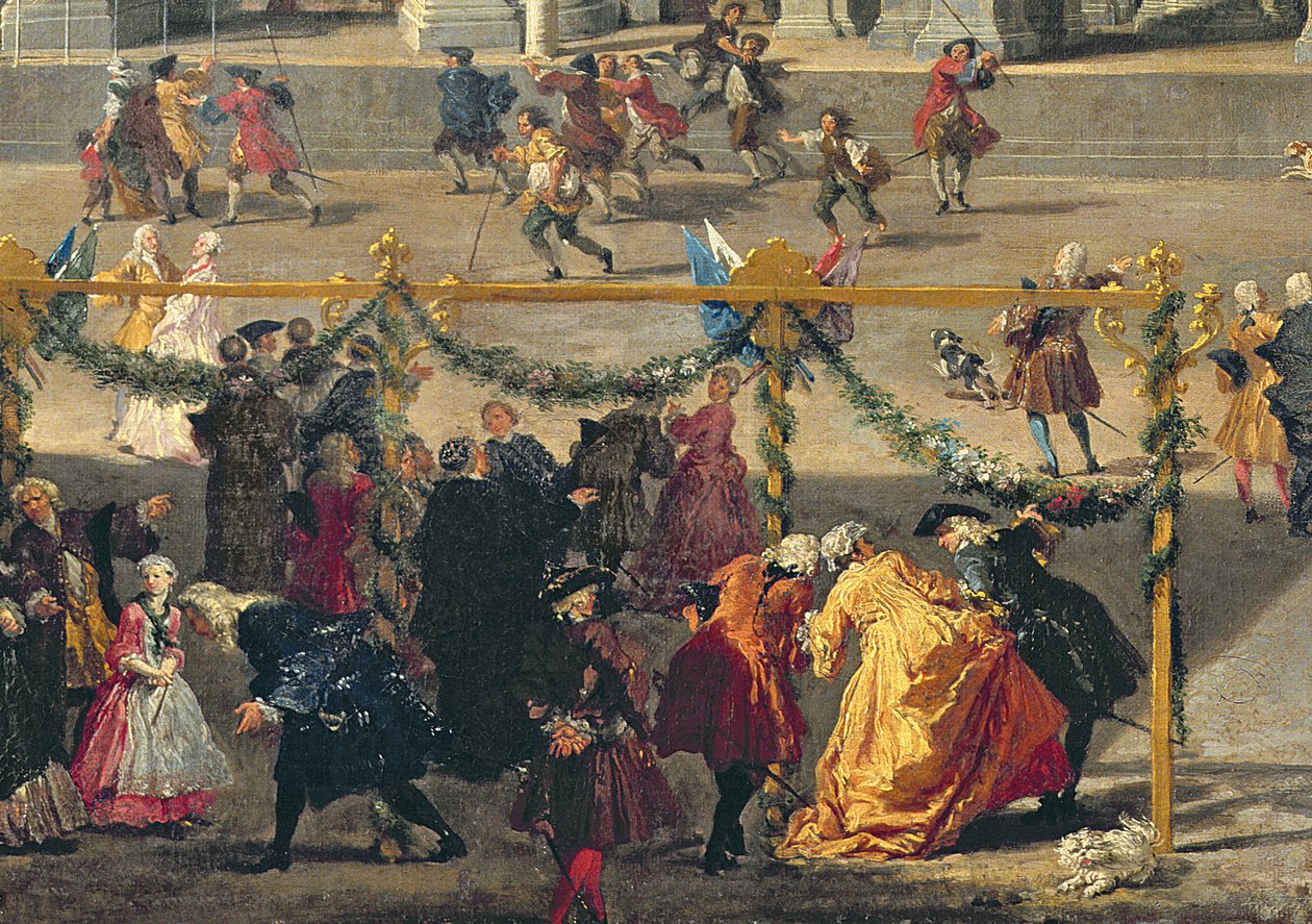 Przygotowania do pokazu fajerwerków na Piazza Navona w Rzymie z okazji narodzin delfina, 1729 (detal z 91023) autorstwa Giovanni Paolo Pannini