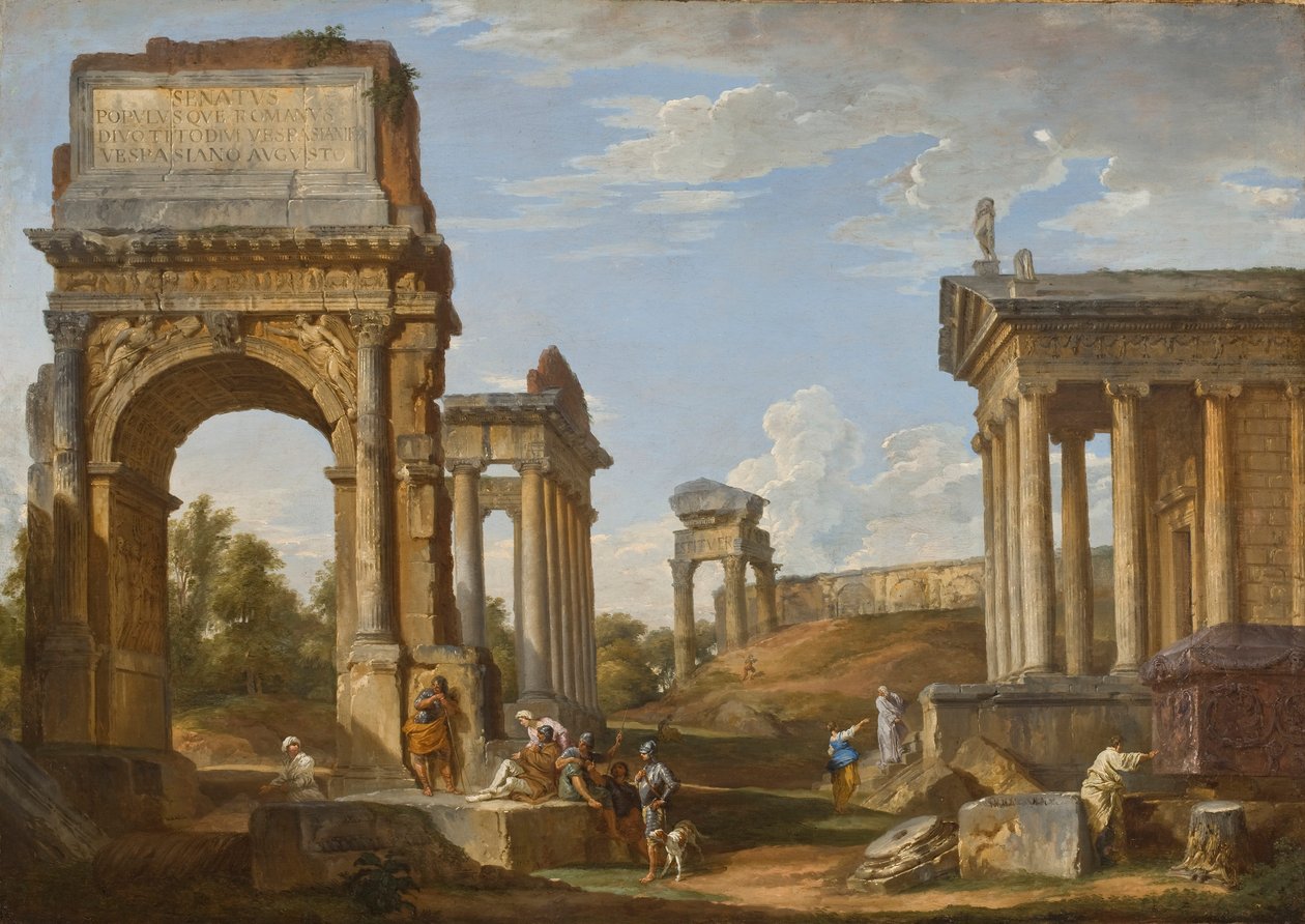 Ruiny rzymskie z Łukiem Tytusa, 1734 autorstwa Giovanni Paolo Pannini