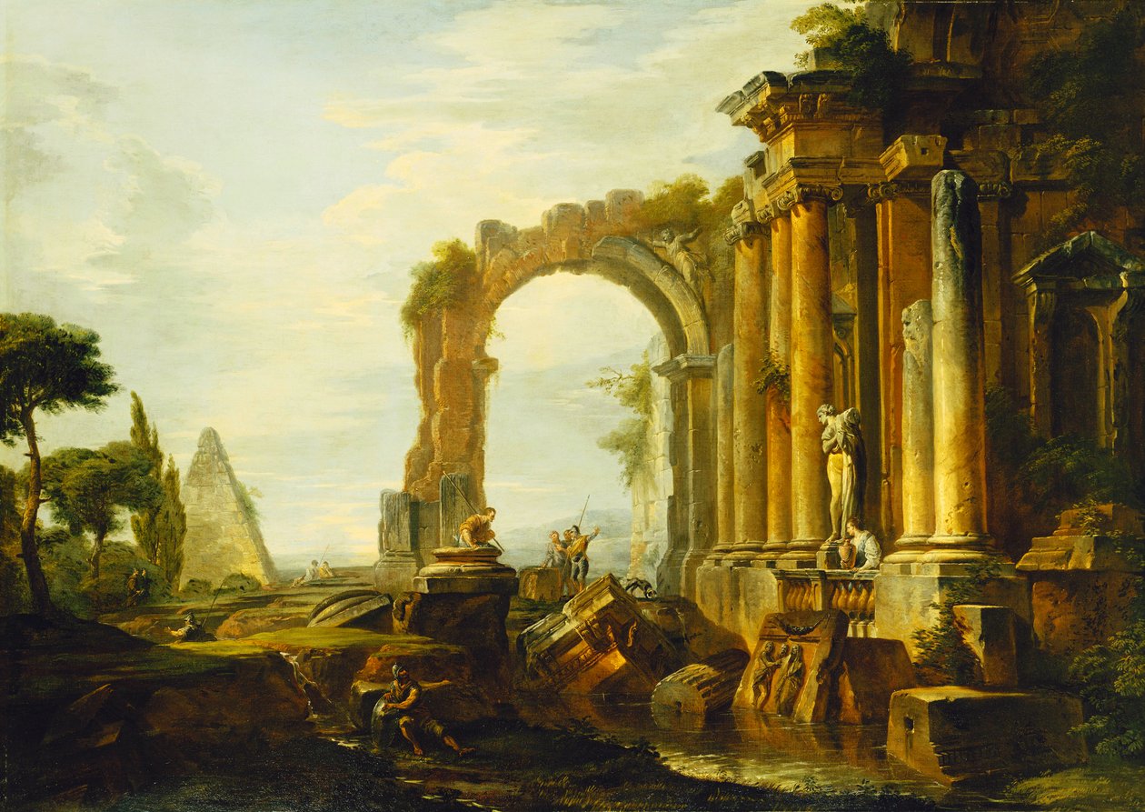 Capriccio klasycznych ruin z piramidą Cestiusza i postaciami w krajobrazie, autorstwa Giovanni Paolo Pannini