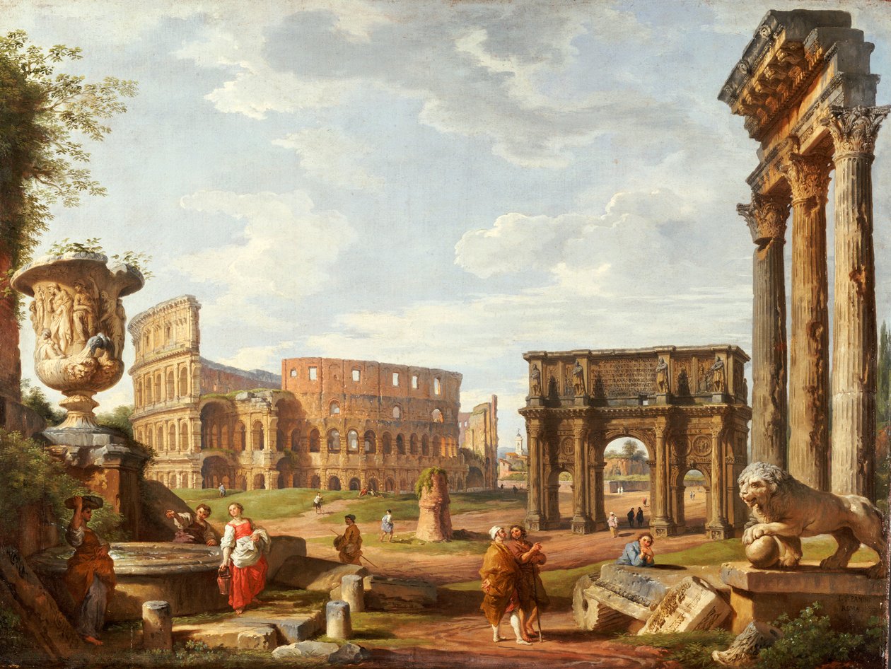 Widok na Rzym Capriccio, 1743 autorstwa Giovanni Paolo Pannini