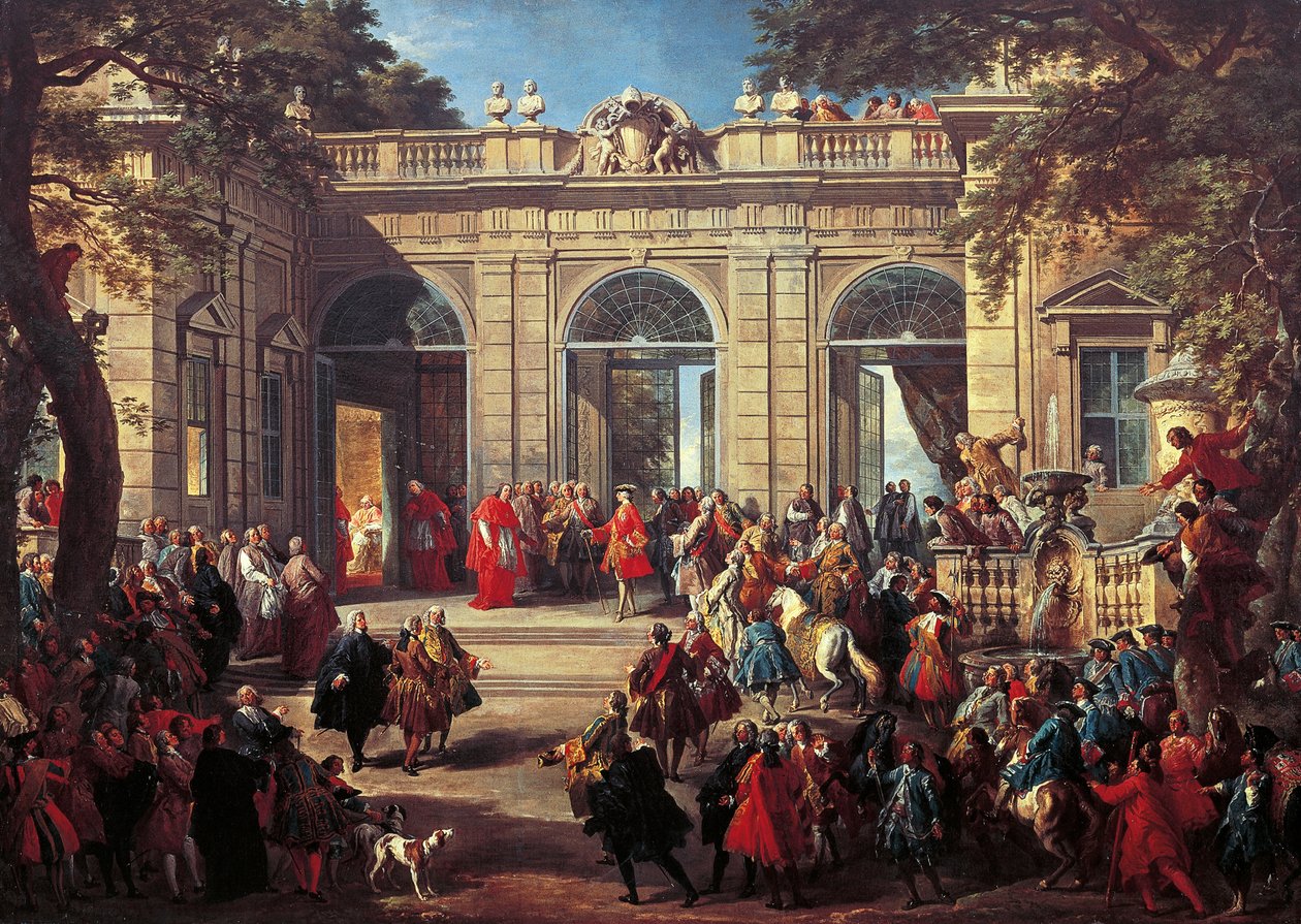 Karol III Burbon z wizytą u papieża Benedykta XIV w kawiarni na Kwirynale autorstwa Giovanni Paolo Pannini