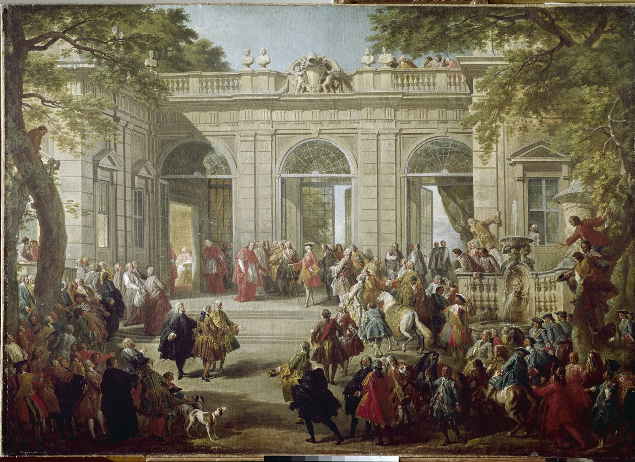 Karol III z Hiszpanii lub Karol Burbon, król Neapolu (1716-1788) Papież Benedetto XIV odwiedza kawiarnię Pałacu Kwirynalskiego (Quirinal) Obraz Giovanniego Paolo Panniniego (1691-1765) 1746 Neapol, Muzeum Narodowe Capodi autorstwa Giovanni Paolo Pannini