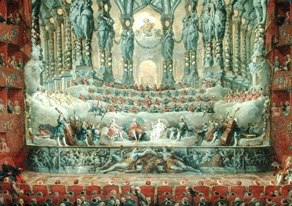 Koncert kardynała de La Rochefoucauld (1700-99) w teatrze Argentina w Rzymie z okazji zaślubin Ludwika Delfina (1729-65), syna Ludwika XV, z Marie-Josephe (1731-67) autorstwa Giovanni Paolo Pannini