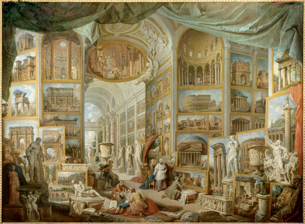 Galeria kolekcjonera. Galeria widoków starożytnego Rzymu. obraz Giovanniego Paolo Panniniego (Panini) (1691-1765) autorstwa Giovanni Paolo Pannini