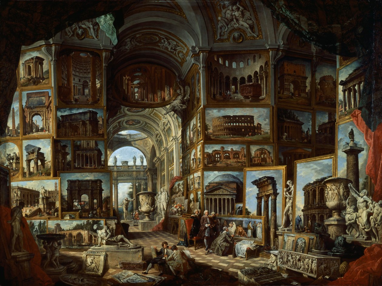 Wyimaginowana galeria widoków starożytnego Rzymu, ok. 1756, autorstwa Giovanniego Paolo Panniniego (1691-1765), olej na płótnie autorstwa Giovanni Paolo Pannini