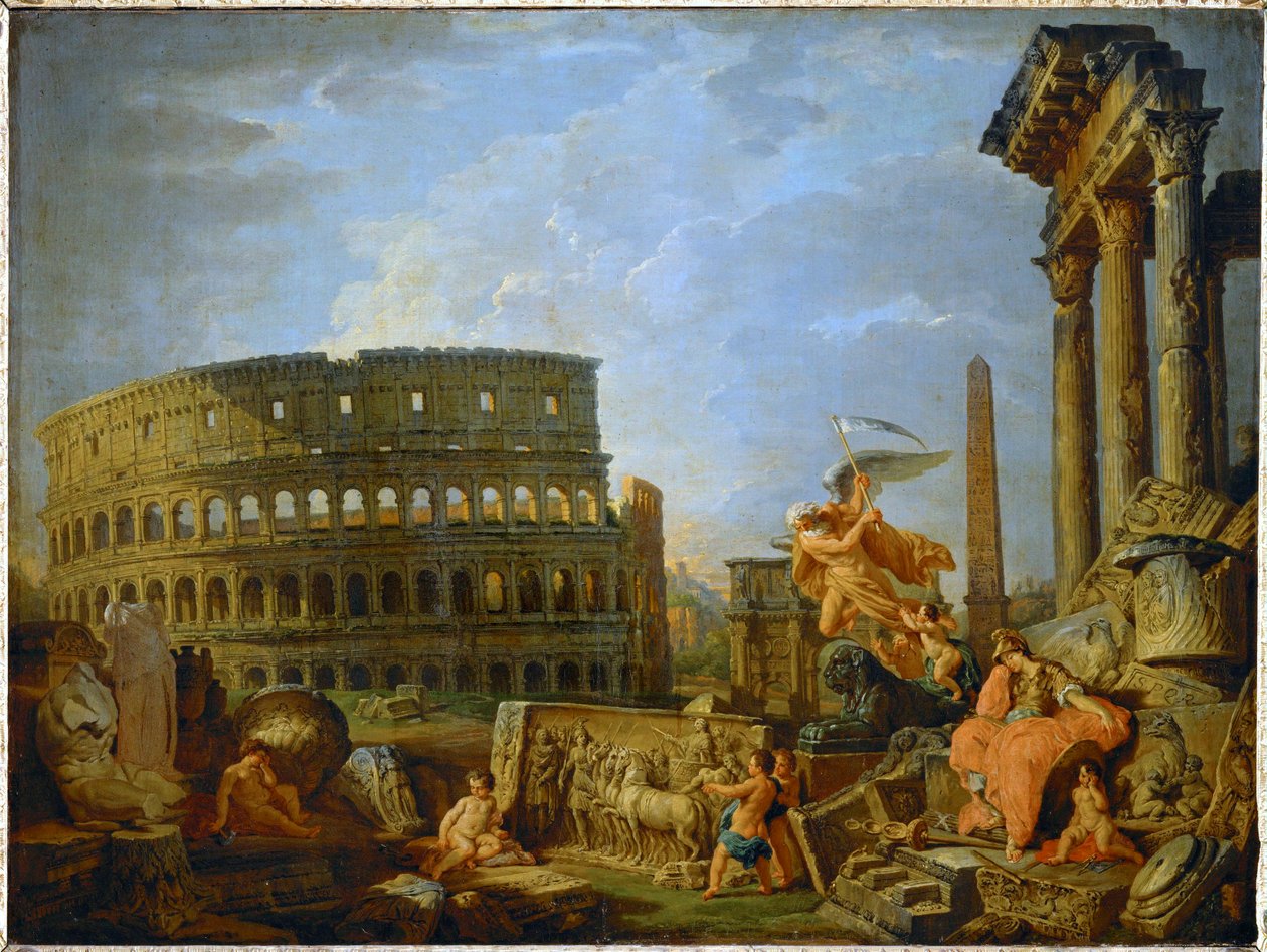 Koloseum i Łuk Konstantyna z alegorią dekadencji Imperium Rzymskiego ... (obraz na płótnie) autorstwa Giovanni Paolo Pannini or Panini