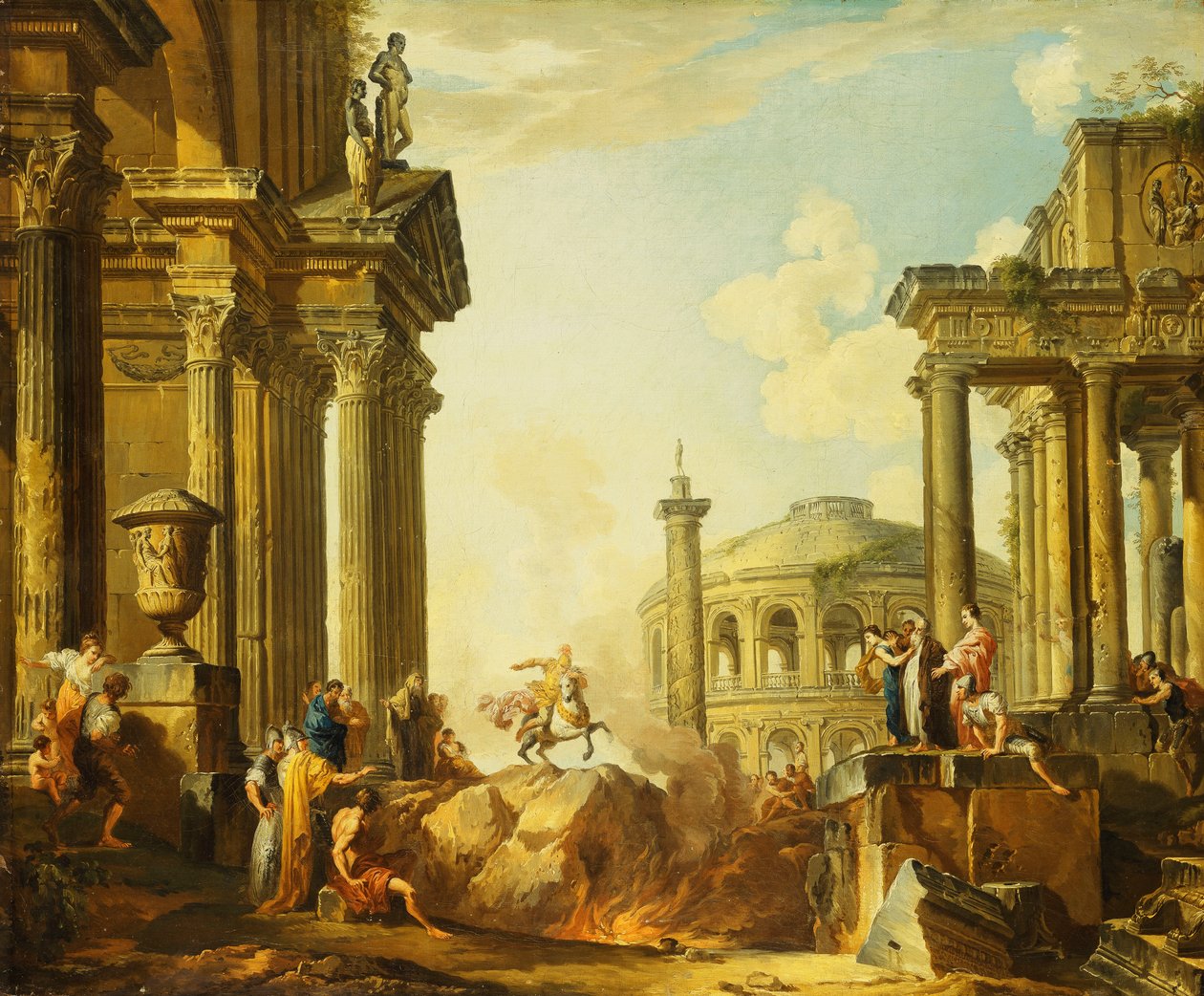 Marcus Curtius skaczący w przepaść, Capriccio z kolumną Trajana i innymi klasycznymi budynkami za nimi, autorstwa Giovanni Paolo Pannini