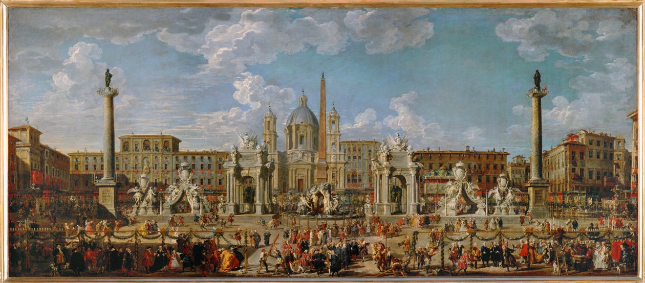 Przygotowania do pokazu sztucznych ogni i dekoracji na uroczystości na Piazza Navona w Rzymie w dniu 30 listopada ... autorstwa Giovanni Paolo Pannini or Panini