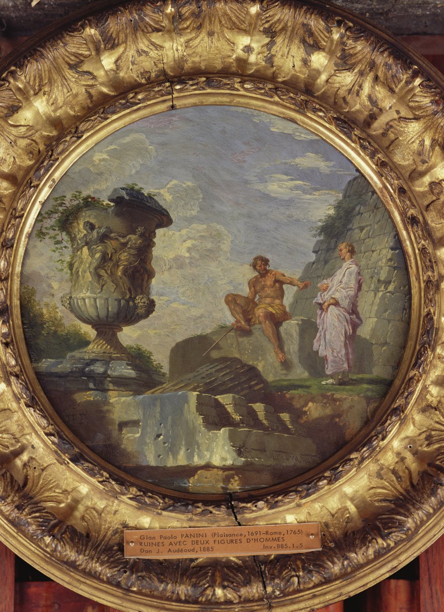Ruiny z dwoma mężczyznami, ok. 1750-60 (olej na miedzi) autorstwa Giovanni Paolo Pannini
