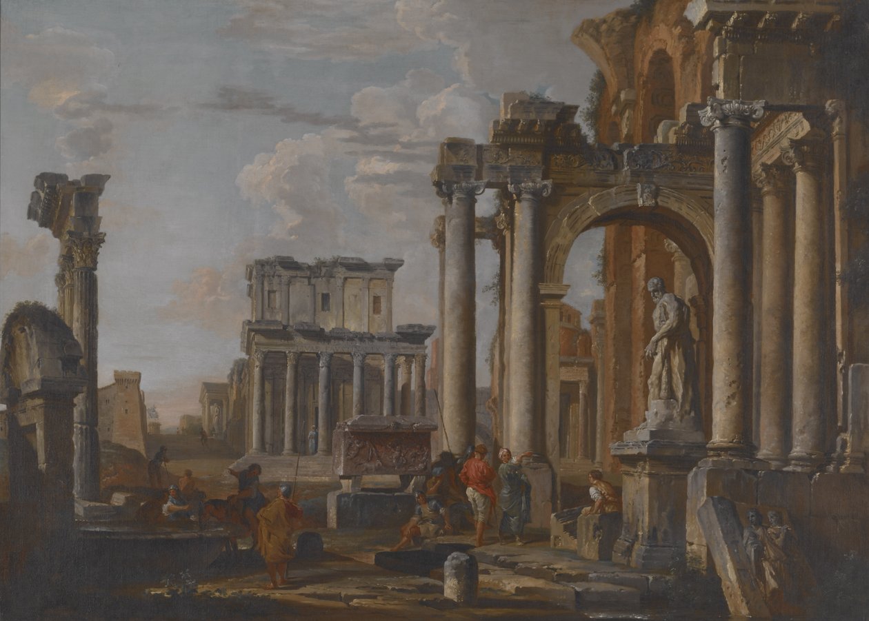 Ruiny ze świątynią Antonina i Faustyny, ok. 1727-30 (olej na płótnie) autorstwa Giovanni Paolo Pannini