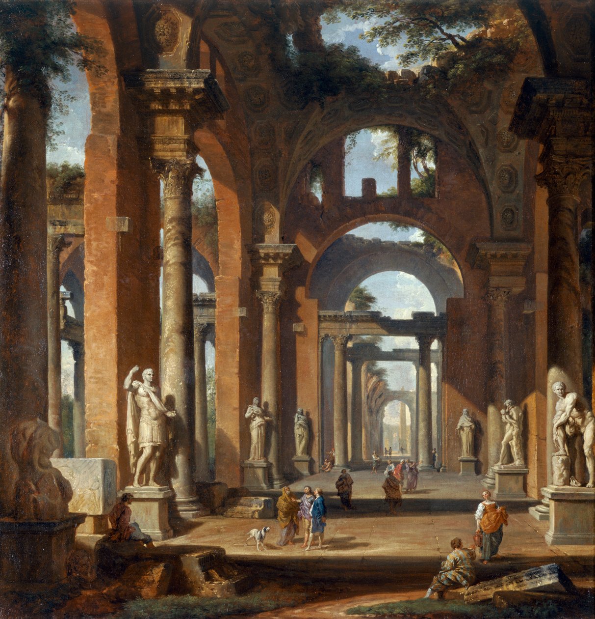 Posągi w zrujnowanej arkadzie autorstwa Giovanni Paolo Pannini