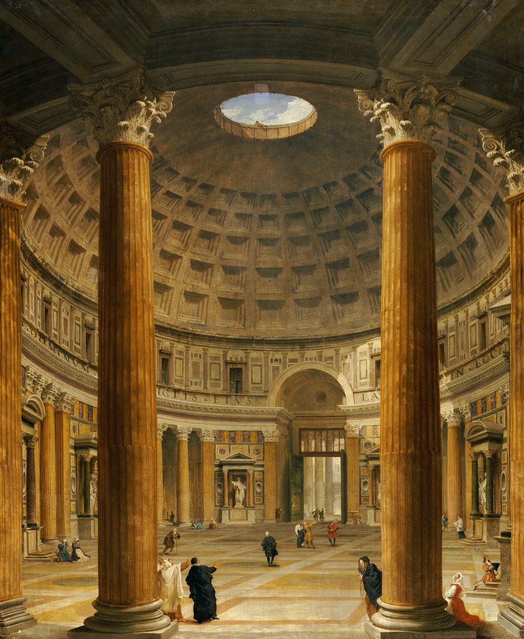 Wnętrze Panteonu, Rzym, patrząc na północ od głównego ołtarza do wejścia, 1732 autorstwa Giovanni Paolo Pannini