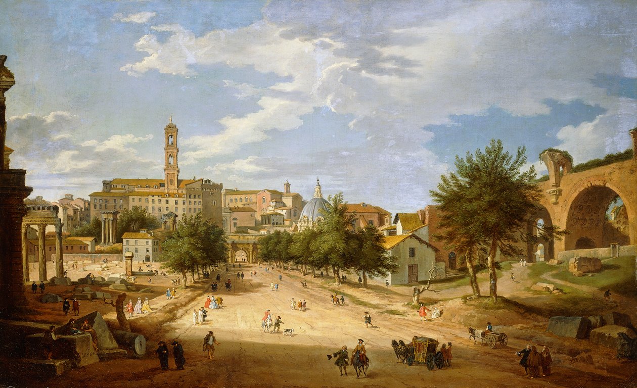 Forum Romanum i Campidoglio widziane z Łuku Konstantyna, 1751 autorstwa Giovanni Paolo Pannini