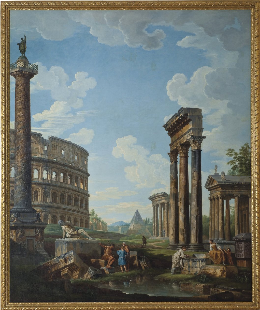 Capriccio z figurami w rzymskich ruinach, w tym Łuk Konstantyna i Panteon, Koloseum i Kolumna Trajana (Kolumna Trajana lub Colonna Traiana) - Obraz Giovanniego Paolo Paniniego (Pannini) (1691-1765), olej na płótnie, 210,8 x1 autorstwa Giovanni Paolo Pannini