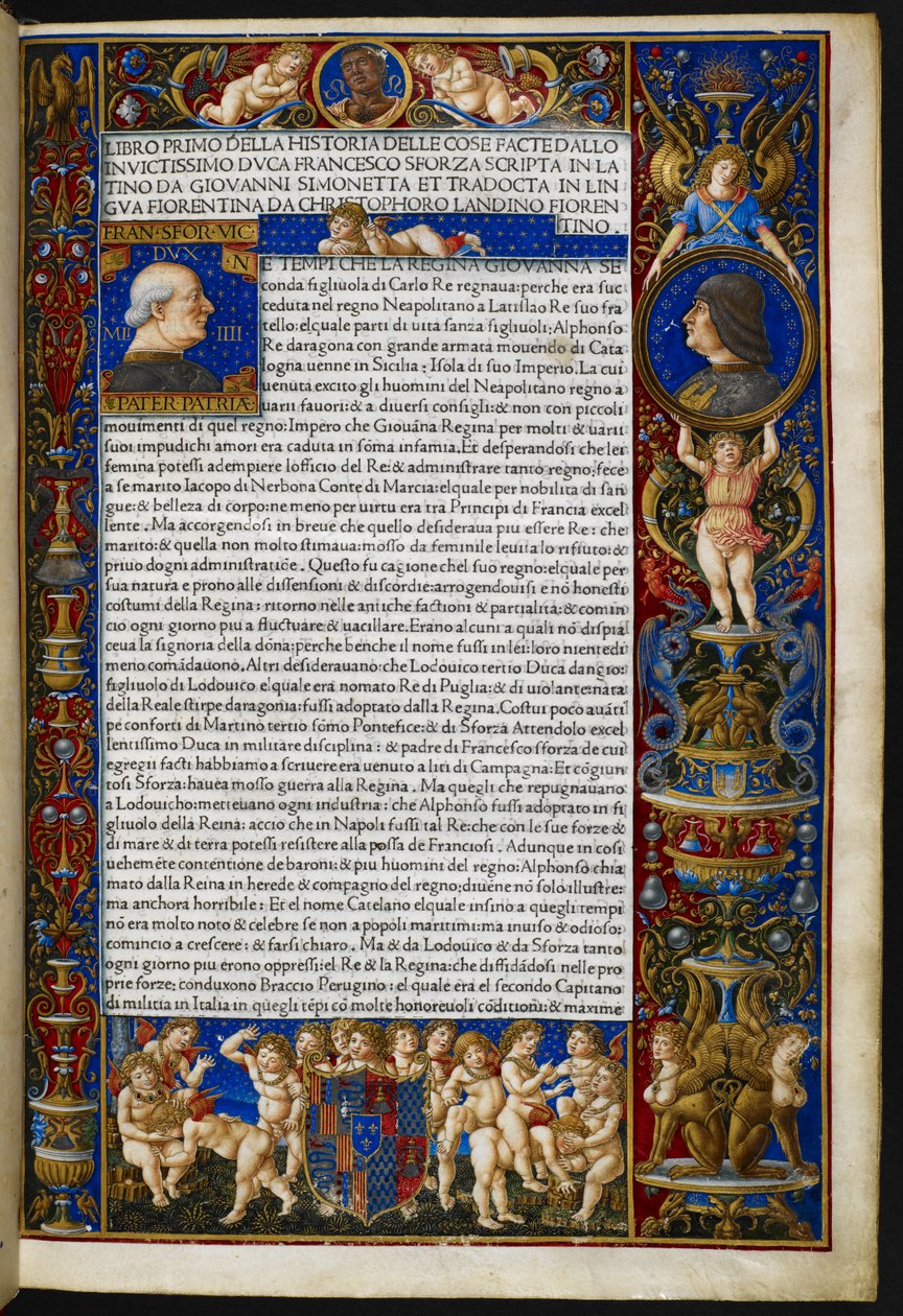 Frontyspis, z Giovanniego Simonetty, Historia rzeczy dokonanych przez invictissimo księcia Francesco Sforzę [tzw. Sforziade], Mediolan, Antonio Zarotto autorstwa Giovanni Pietro Birago
