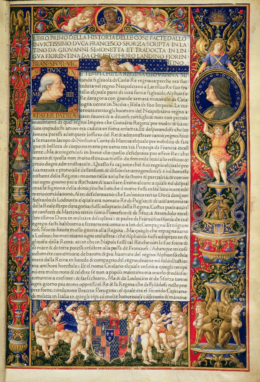 Grenville MS 7251 Frontyspis luksusowej kopii „Sforziady lub życia Francesco Sforzy”, wykonany dla Ludovico Sforzy, włoskie tłumaczenie łacińskiego oryginału napisane przez Giovanniego Simonettę autorstwa Giovanni Pietro Birago