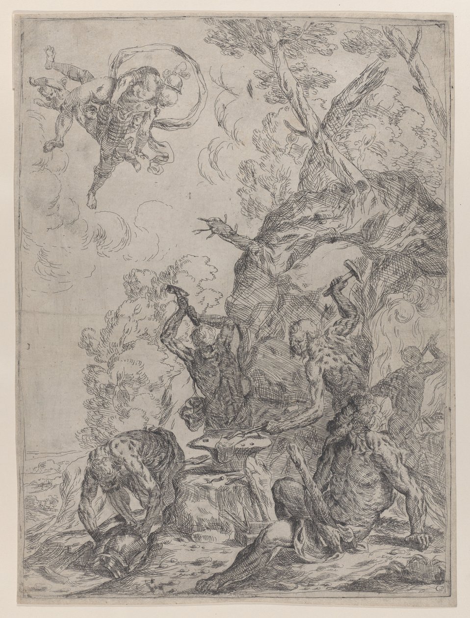 Kuźnia Wulkana z kowalami uderzającymi młotami w kowadło..., 1640-59. autorstwa Giovanni Pietro Possenti