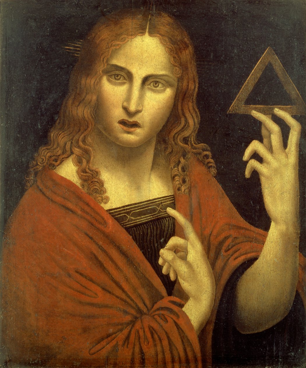 Chrystus Odkupiciel trzymający symbol Trójcy (panel) autorstwa Giovanni Pietro Rizzoli (school of) Giampietrino