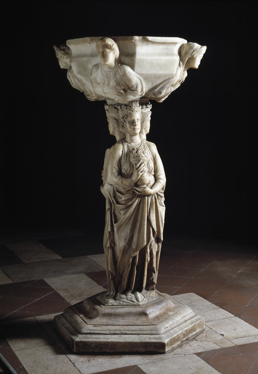 Kropielnica z filarem ozdobionym trzema cnotami teologicznymi i miską ozdobioną popiersiami czterech cnót kardynalnych, XIII w. (rzeźba) autorstwa Giovanni Pisano