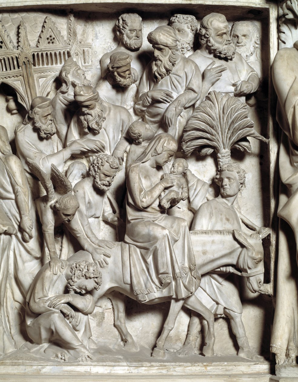 Szczegół płaskorzeźby Krzesła zrealizowany przez Giovanniego Pisano (1248-1314): Szczegół płaskorzeźby marmurowej ambony, lot do Egiptu 1302-1311 Cathedrale de Pisa (Duomo di Pisa), Włochy autorstwa Giovanni Pisano