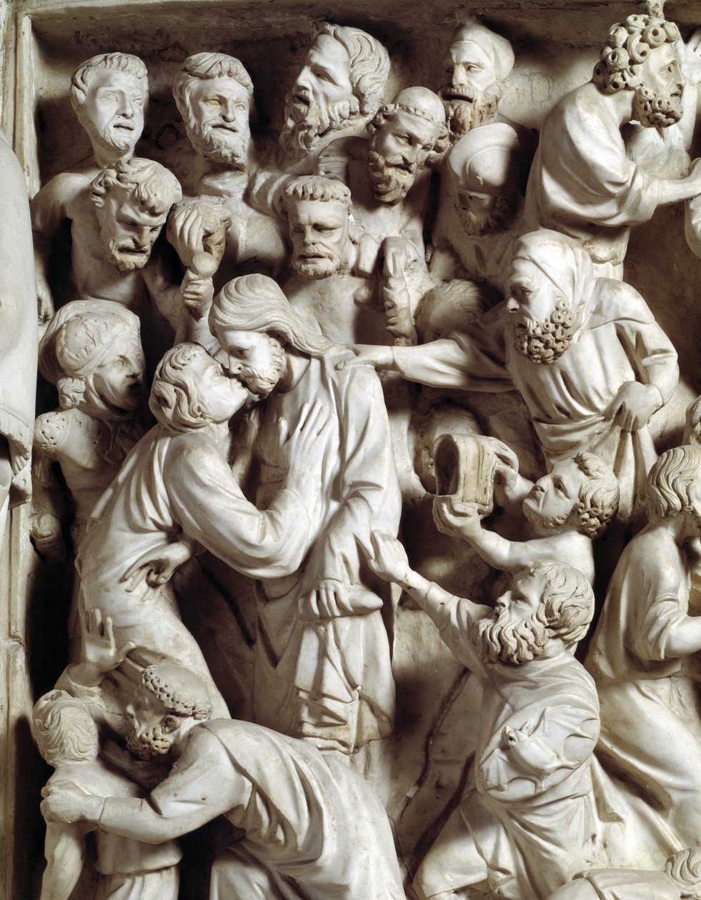 Detal płaskorzeźb Krzesła zrealizowanych przez Giovanniego Pisano (1248-1314): Pocałunek Judasza (Szczegóły płaskorzeźby marmurowej ambony, Pocałunek Judasza) 1302-1311 Katedra w Pizie (Duomo di Pisa), Włochy autorstwa Giovanni Pisano